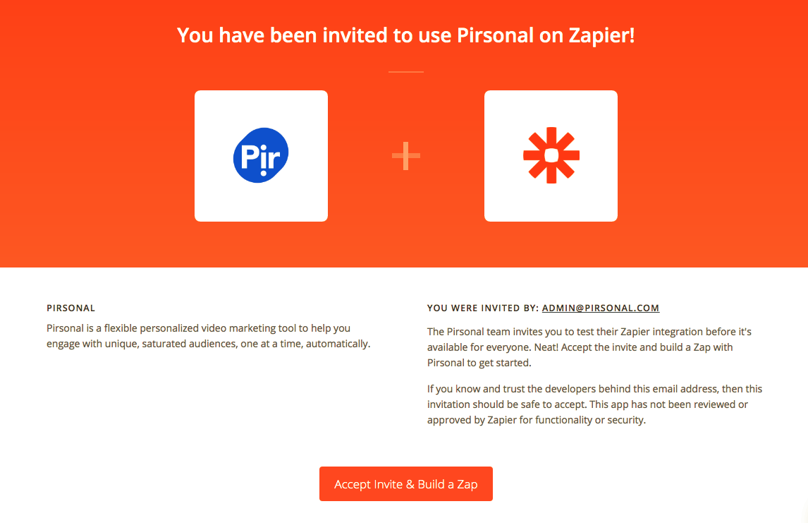 Invitation Screenshot: Pirsonal's app for Zapier