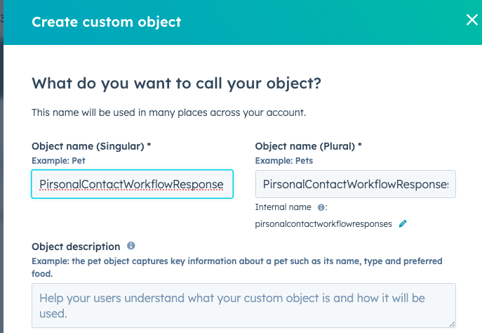 Custom Object Name PirsonalContactWorkflowResponse