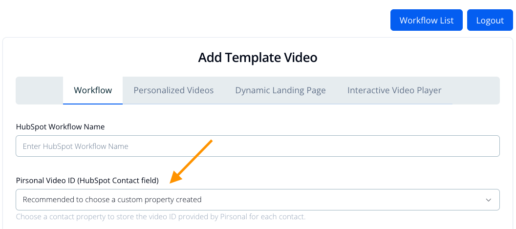 Screenshot: Choosing a Contact Property to Record Personalized Video ID from Pirsonal