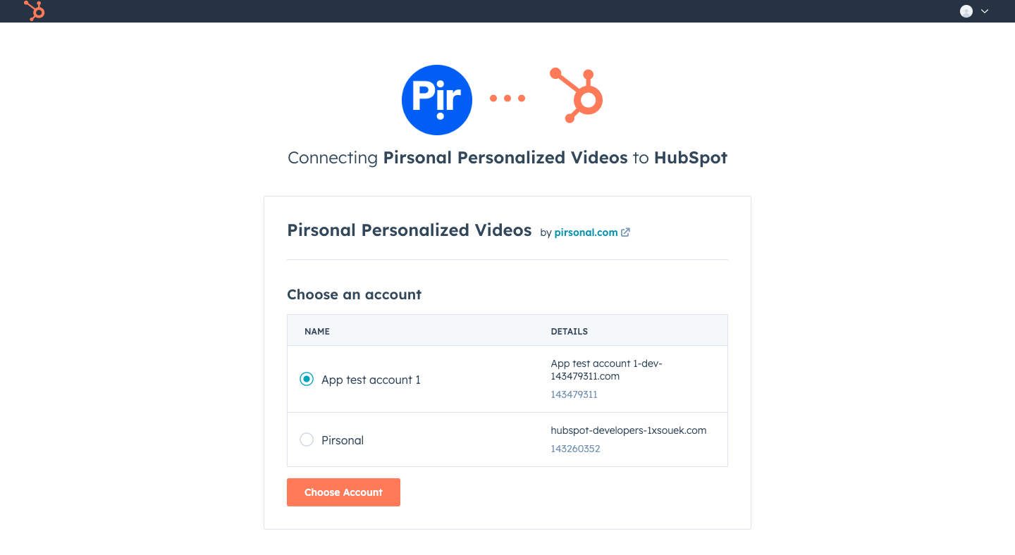 Screenshot: Choosing a HubSpot Account to Connect to Pirsonal's Personalized Video Software